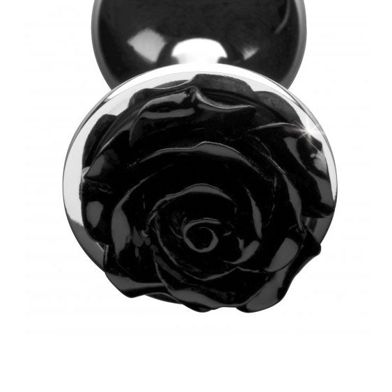 Medium black rose anal plug with sparkly base, a saucy addition to playtime.