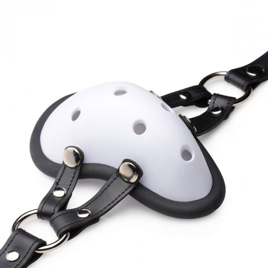 XR Brands musk athletic cup muzzle, black restraint gag for playful impact scenes.