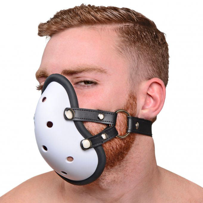 Black athletic cup muzzle from xr brands, a gag made for kinky fun.