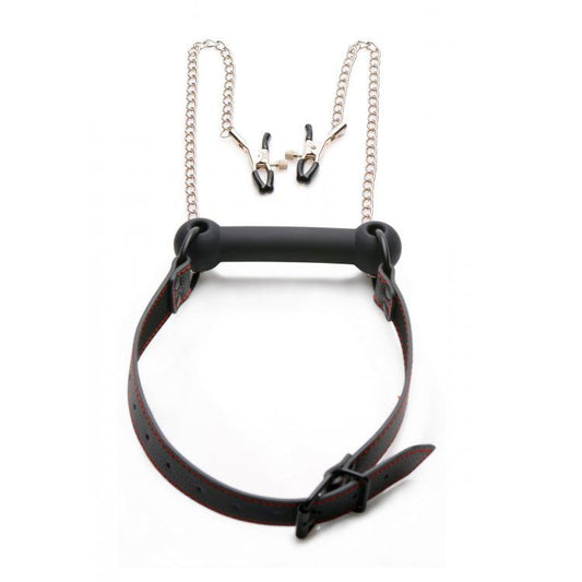 Black silicone bit gag with nipple clamps for kinky role play, by xr brands