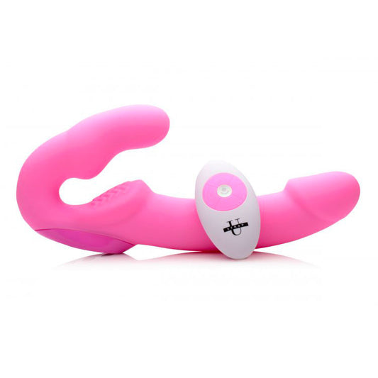 XR Brands vibrating strapless strap-on, flesh coloured with remote control, for pleasure.
