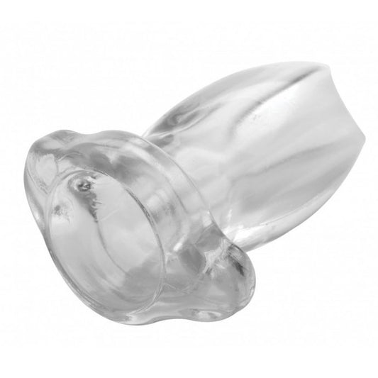 Large, hollow, shiny anal plug for stretching and tunnel play, part of the master series.