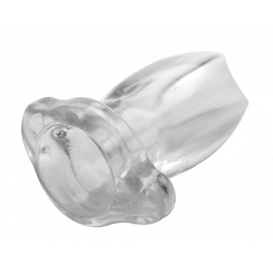 Shiny silver-tone anal plug with peephole tunnel, for stretching and pleasure.