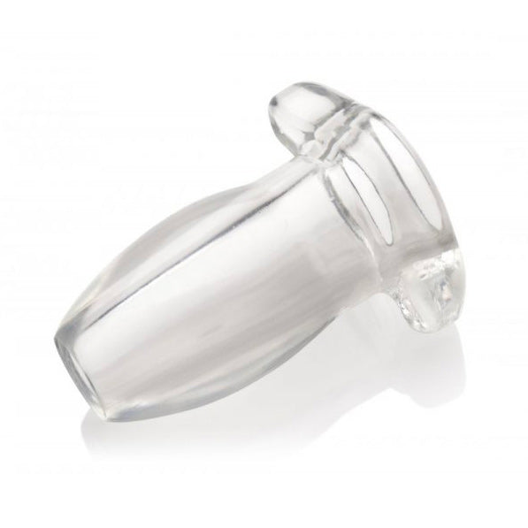 Small, hollow, clear anal plug from XR Brands master series, showing tunnel detail for stretching.