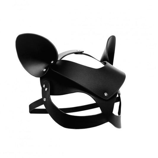 Black leather cat mask with adjustable straps, part of the master series range.