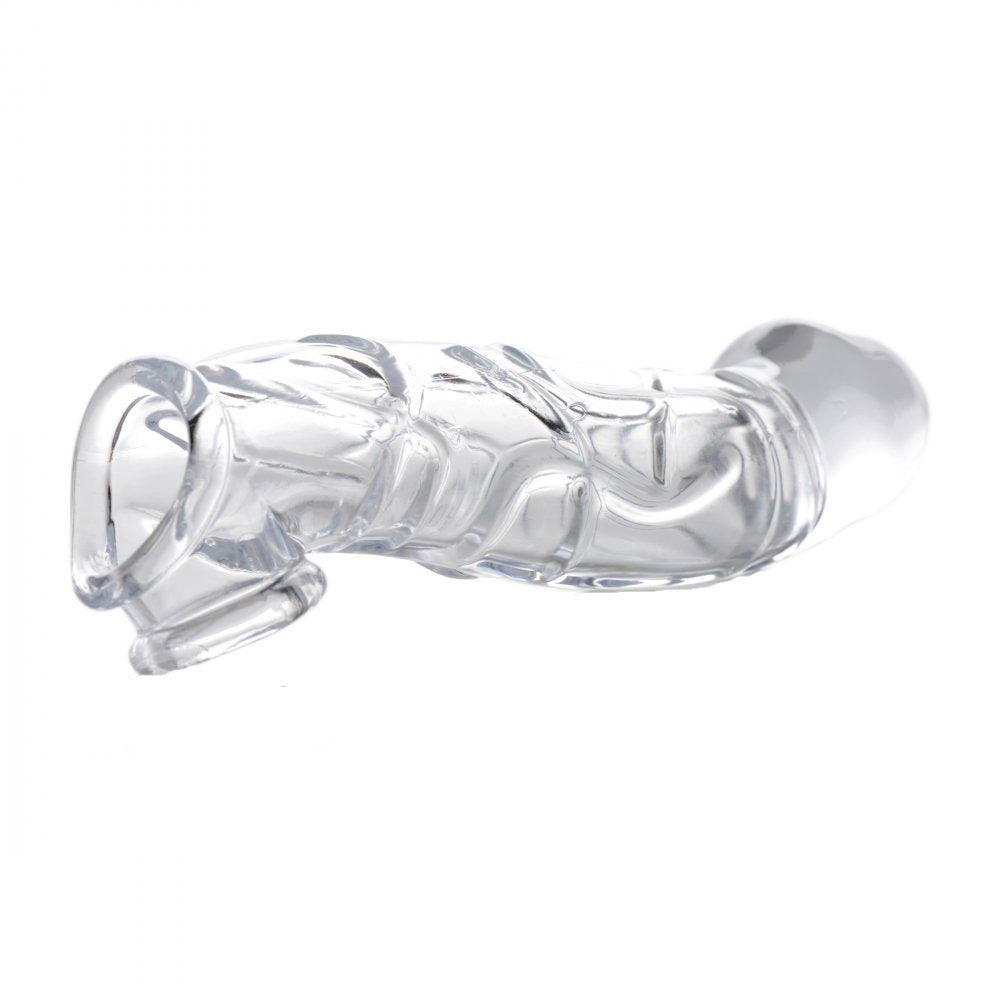 Close-up of a clear, smooth, 2-inch penis extender sleeve by Size Matters.
