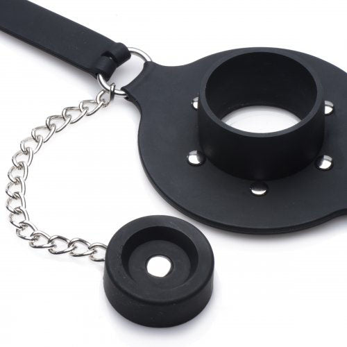 Black silicone ball gag from XR Brands, a pie hole style for feeding fun.