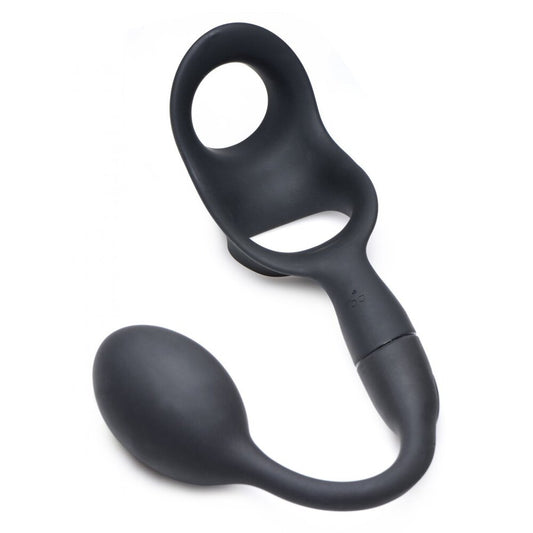 Black silicone cock and ball ring with anal plug, part of the tail butt plug collection.