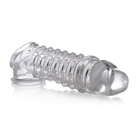 Clear, smooth penis enhancer sleeve from size matters, adding 1.5 inches of length.