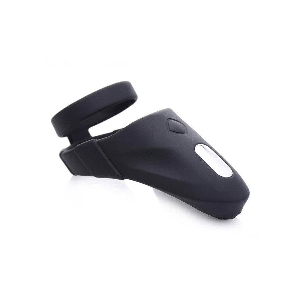 xr brands trinity 10x rechargeable love ring vibrator, made of smooth silicone in purple.