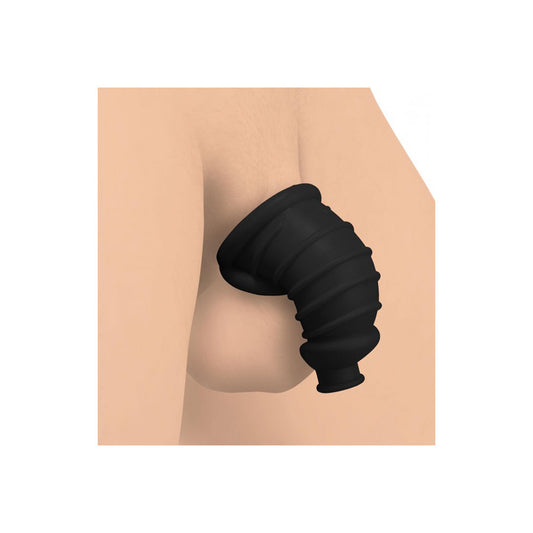 Master Series dark chamber chastity cage in black silicone, male chastity device.