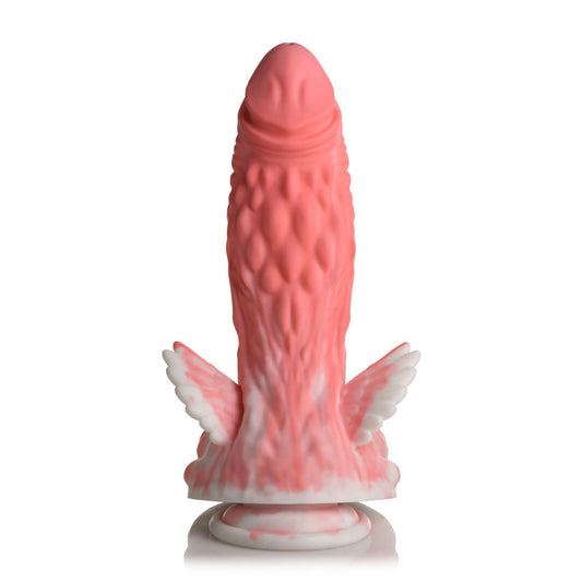 A vibrant, multi-coloured dildo with a textured shaft and fantastical, winged design, other dildos.