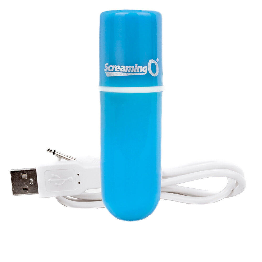 Close-up of a bright blue Screaming O Vooom rechargeable bullet vibrator with a smooth finish.