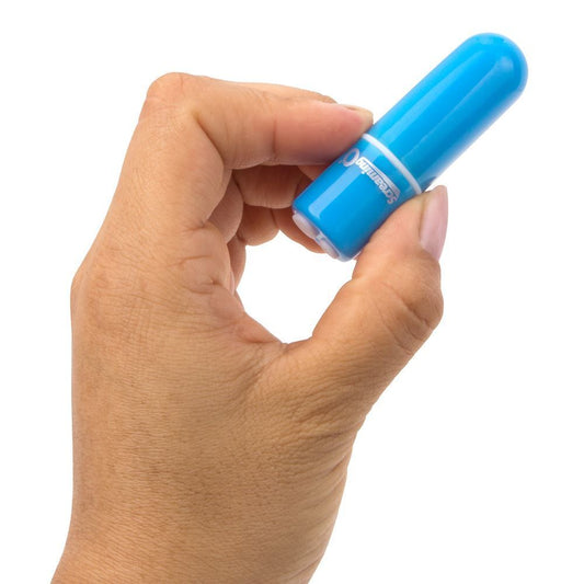 Close-up of a small, blue Screaming O Vooom bullet vibrator, rechargeable and discreet.