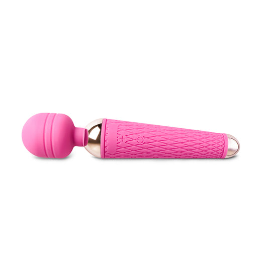 Pink rechargeable wand massager with ten speeds for a bit of self-care.