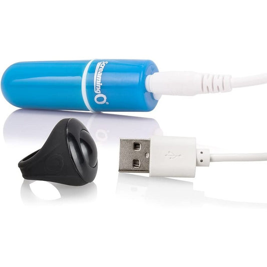 Blue, bullet-shaped mini vibrator with remote control for personal pleasure and exploration.