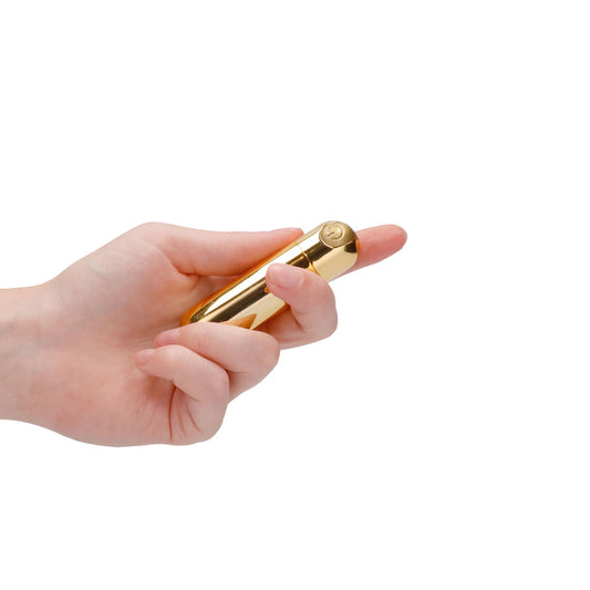Gold-coloured rechargeable bullet vibrator from Shots Toys, a mini vibrator with ten speeds.
