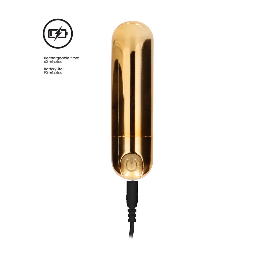shots toys rechargeable bullet vibrator in gold finish, a mini vibrator with speed settings.