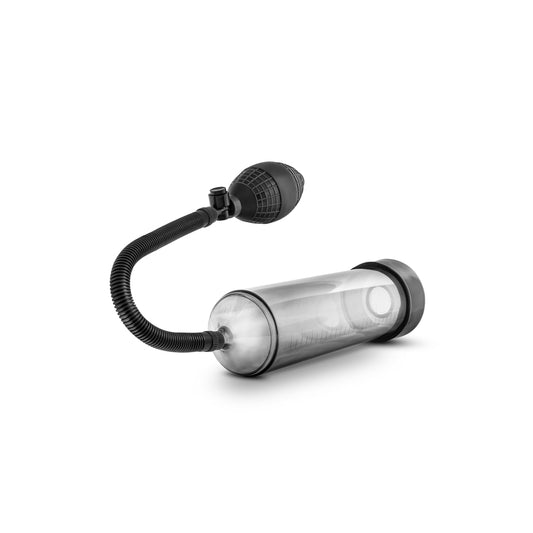 Blush Novelties VX101 male enhancement pump, transparent cylinder with comfortable black grip for enlargement.