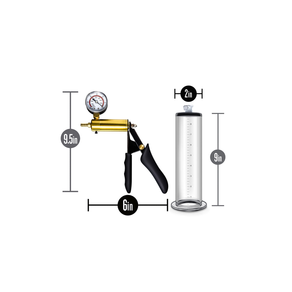 Performance vx6 vacuum penis pump, clear cylinder with ergonomic black handle and gauge.