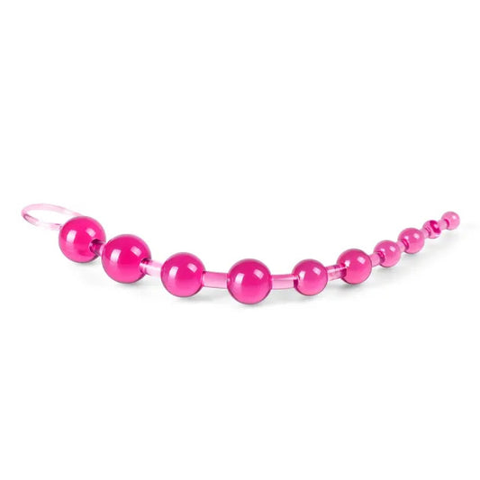 A pink chain of ten anal beads, a playfully provocative sex toy.