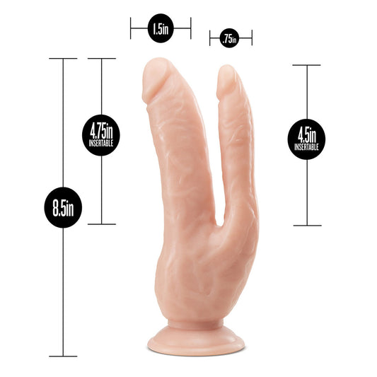 Blush Novelties dual penetrating dildo with suction cup, eight inches, flesh-toned silicone.