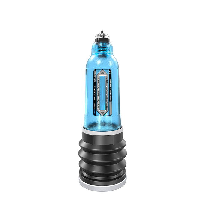Bathmate HydroMax 5 aqua blue penis pump, transparent body for visibility during use.