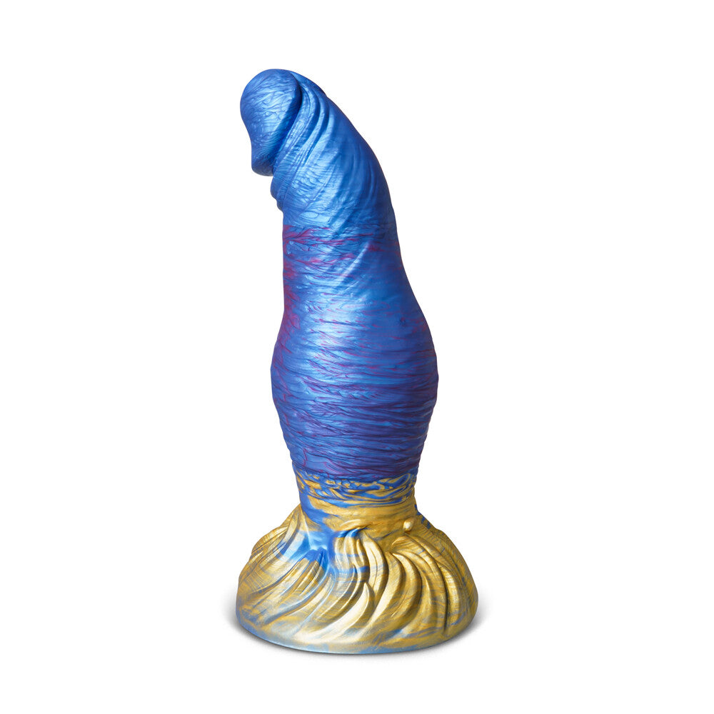 Alien-style dildo with a suction cup base, from various toy brands. Purple textured finish.