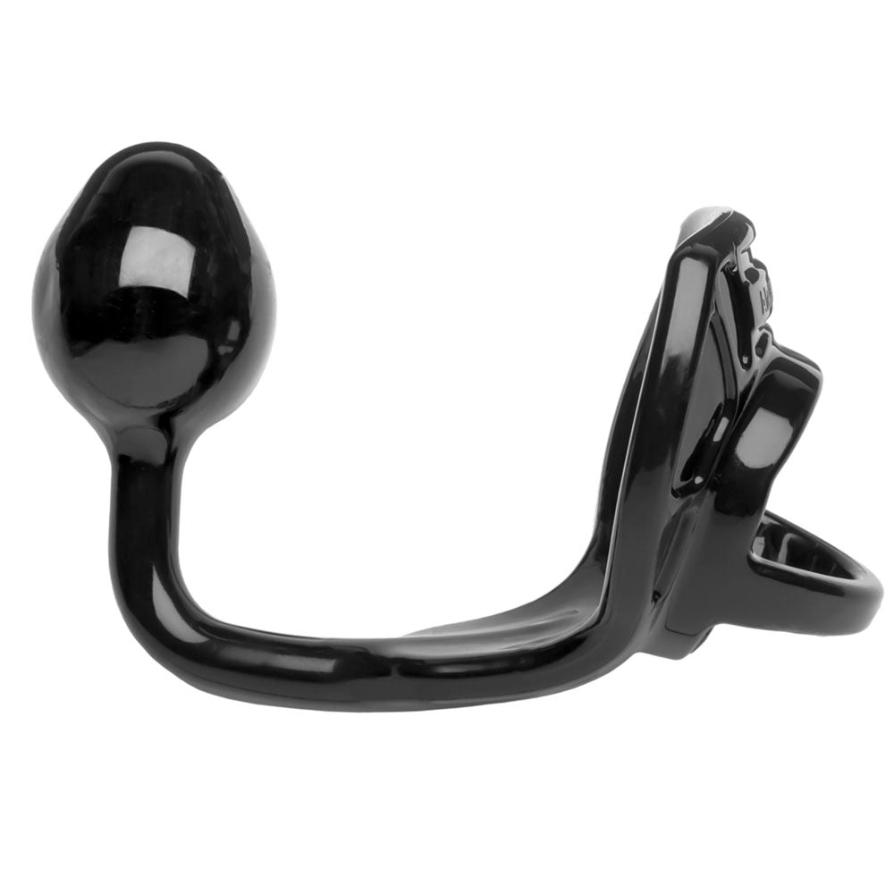 Close-up of a medium-sized black armour tug lock butt plug, made by Perfect Fit.