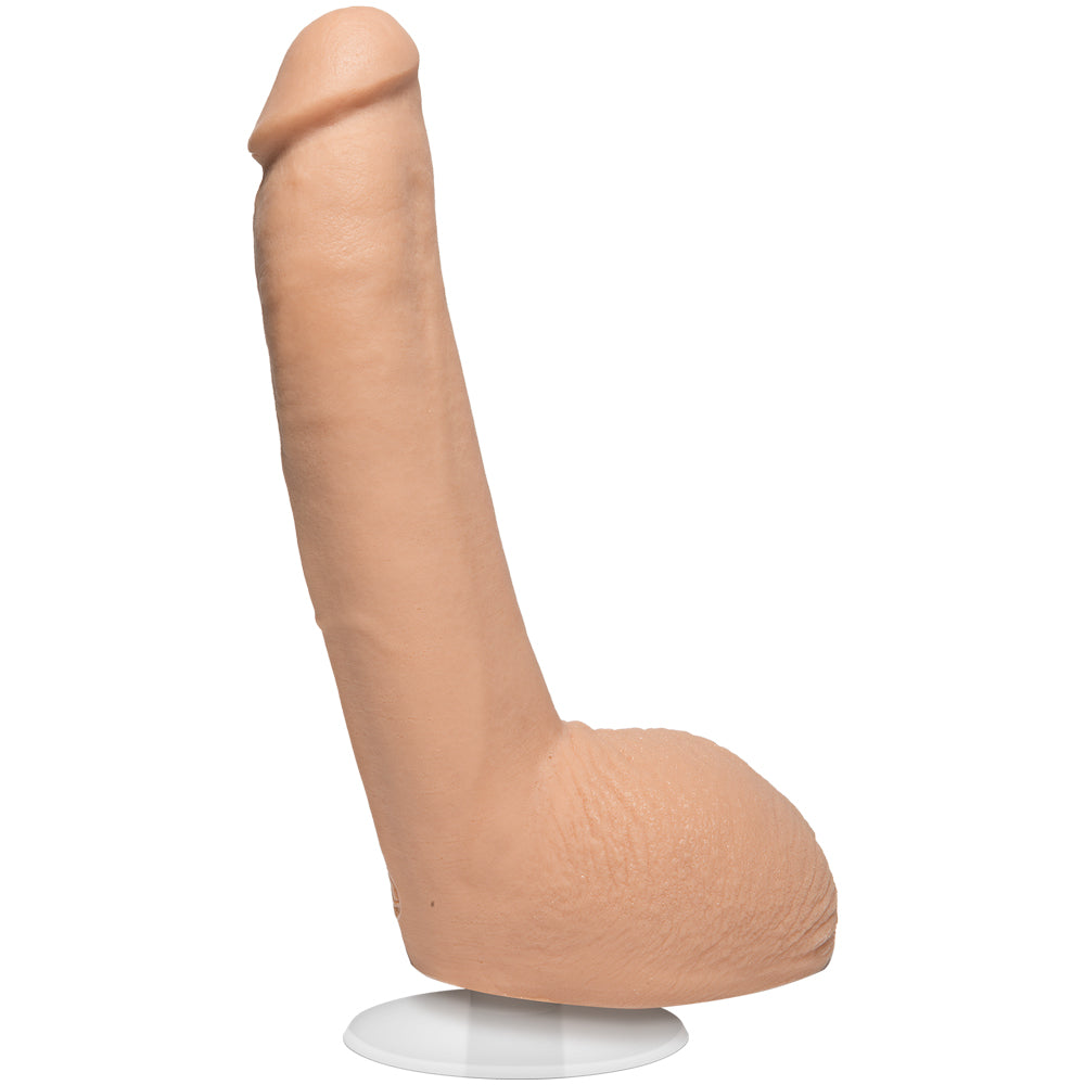 Realistic nine-inch cock dildo in skin-safe material, vac-u-lock compatible for harness play.