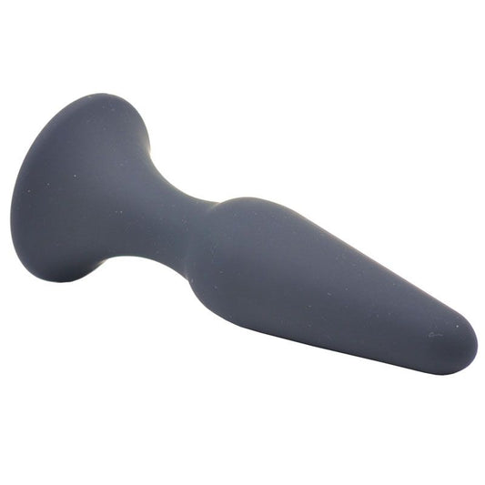 Classic medium-sized black butt plug made of smooth, body-safe silicone for comfortable use.