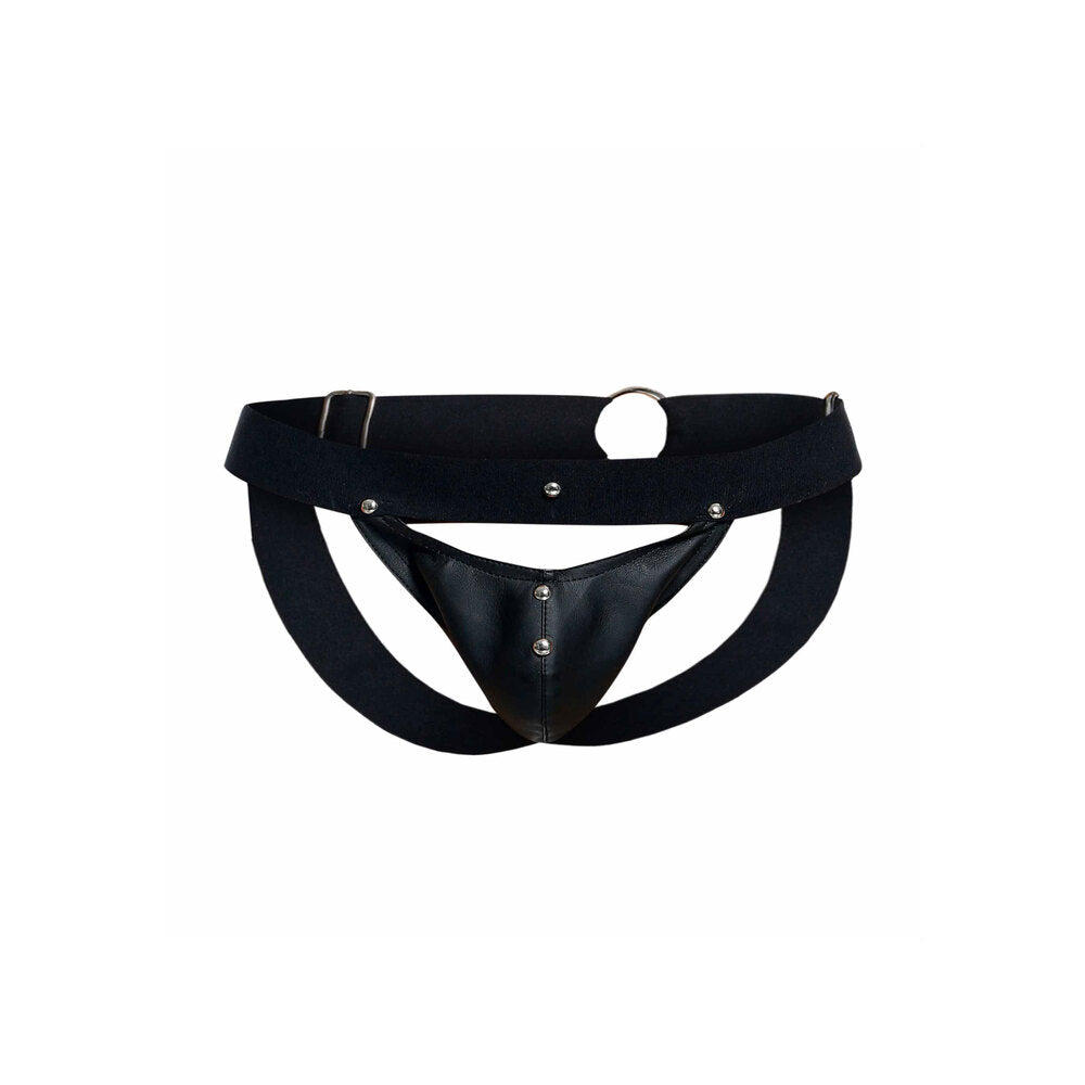 Black male basics jockstrap with peekaboo design, a cheeky and comfortable essential for him.