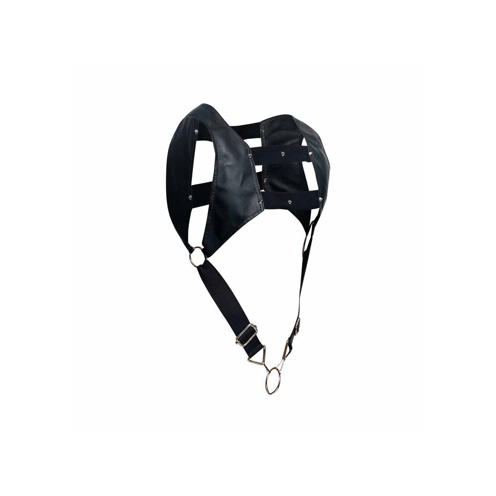 Male Basics black crop top harness with cockring for bondage play, a daring essential.