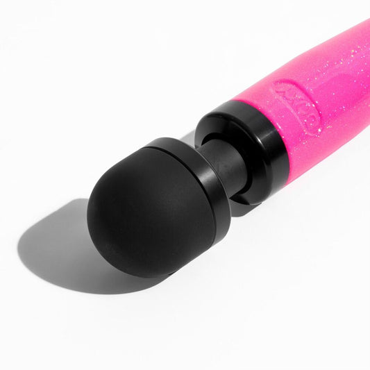 A hot pink, die-cast metal Doxy Wand massager, showing the rechargeable feature and smooth finish.