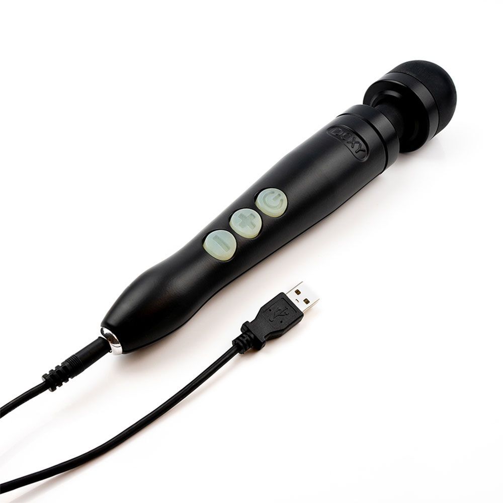 Doxy die cast 3 rechargeable wand massager in matte black finish, showcasing its ergonomic design.