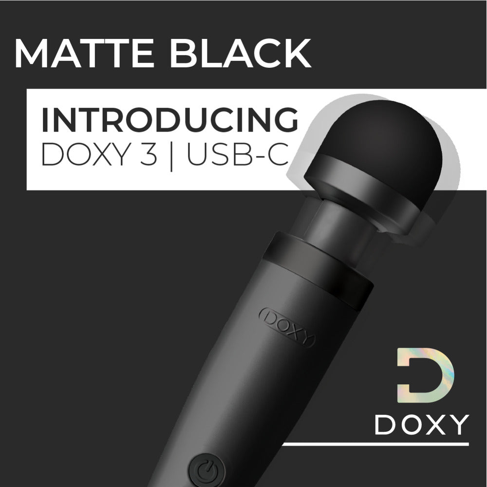 Close-up of the Doxy Wand 3, a black, USB-powered personal massager with a smooth finish.