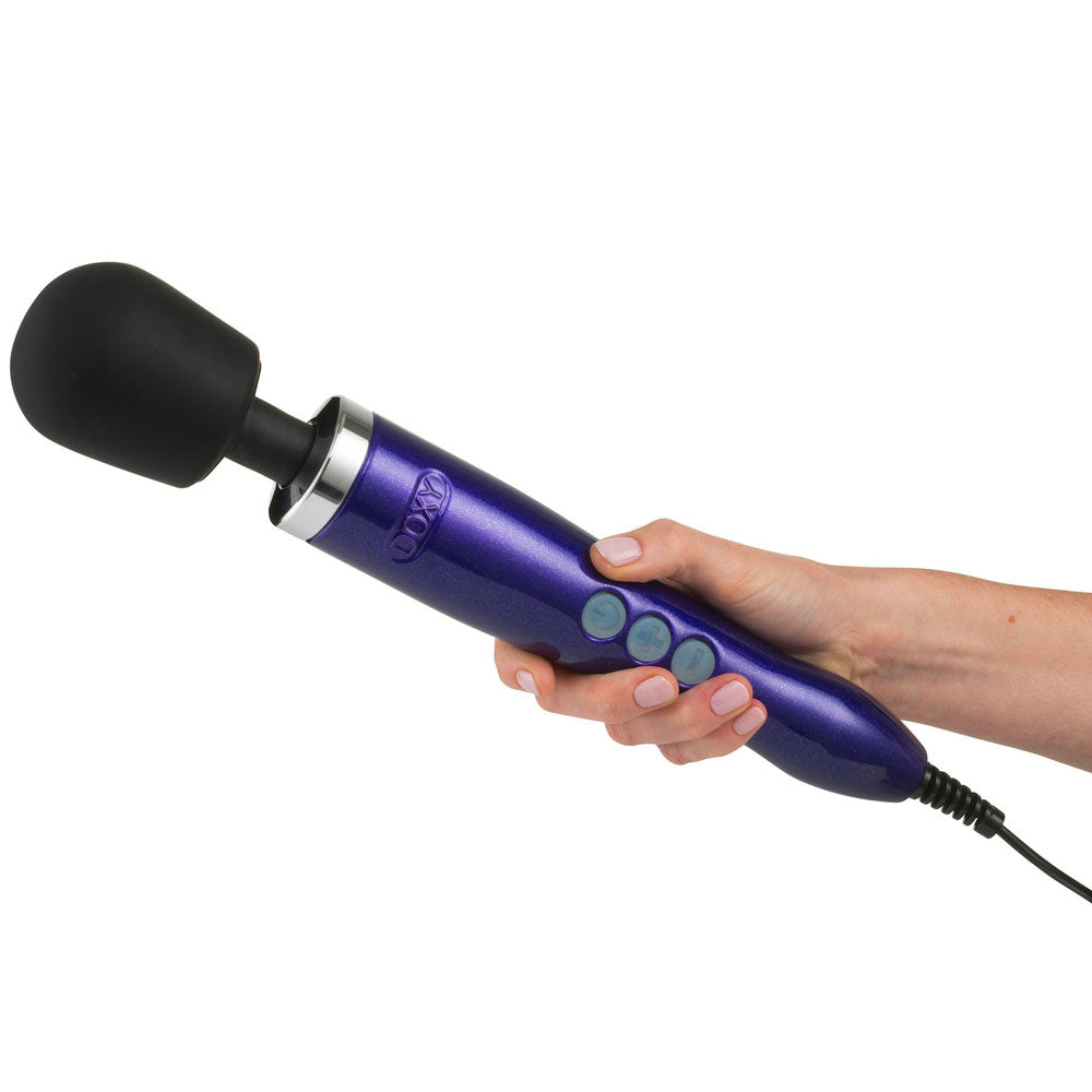 Close-up of a purple die-cast wand massager with a uk plug, metal finish.
