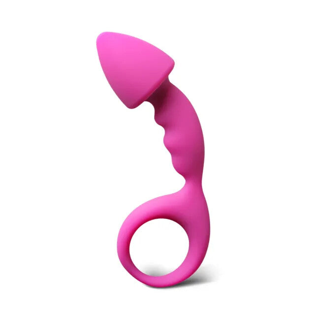 Curved pink silicone butt plug for comfortable anal play, smooth finish, by various toy brands.