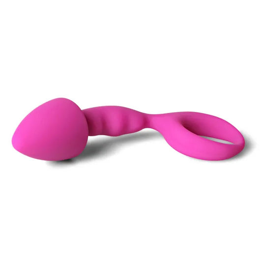 Curved pink silicone butt plug for comfortable anal play, a smooth finish.