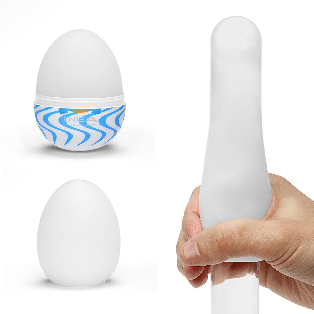 Textured, off-white tenga egg masturbator with a subtle, swirling wind pattern for pleasurable sensations.