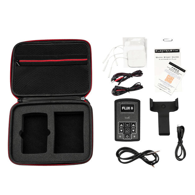 ElectraStim Flux electro stimulator, a black control unit for electro sex stimulation.