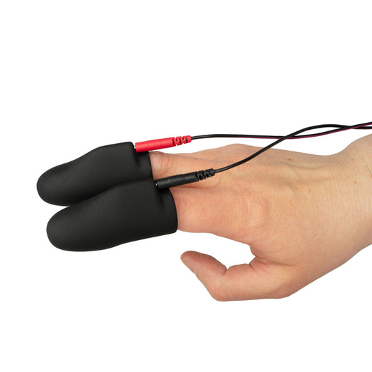ElectraStim Noir Explorer finger sleeves for electro sex stimulation, black conductive material.