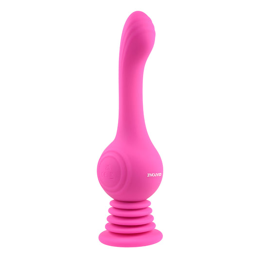 Evolved Gyro Vibe g-spot vibrator, pink silicone with rotating tip for intense pleasure.