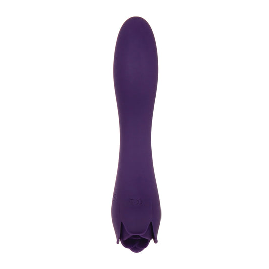Rose-gold coloured, dual-ended vibrator with a textured, thorny rose design for sensual massage.