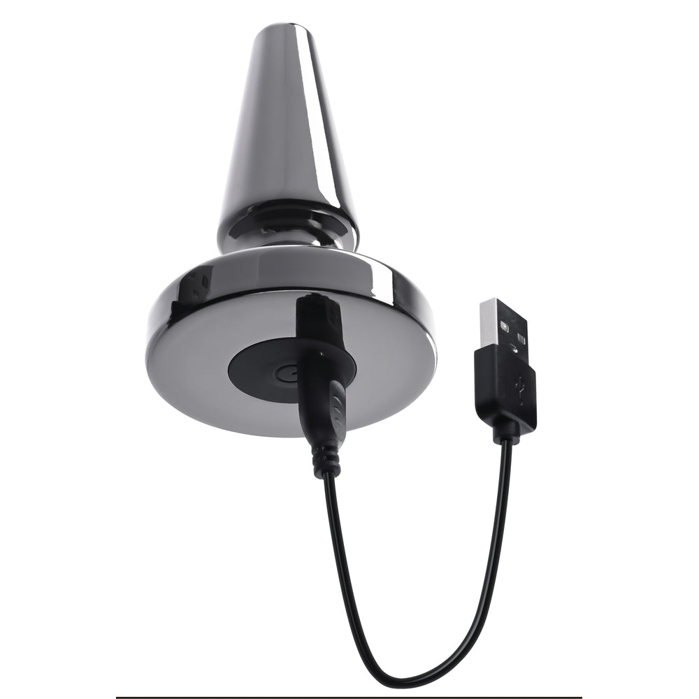 A beginner-friendly vibrating metal butt plug from evolved sex toys, shiny chrome finish.