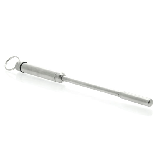 Stainless steel vibrating urethral sound, 7.5 inches long, for cock and ball bondage play.