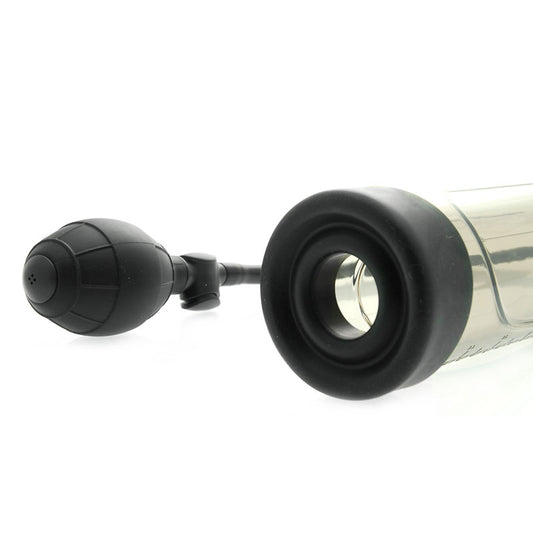 Mojo zero gravity penis pump, clear cylinder with grey handle, for male enhancement