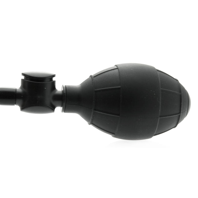 Mojo zero gravity penis pump, clear plastic cylinder with black rubber attachments for enhancement