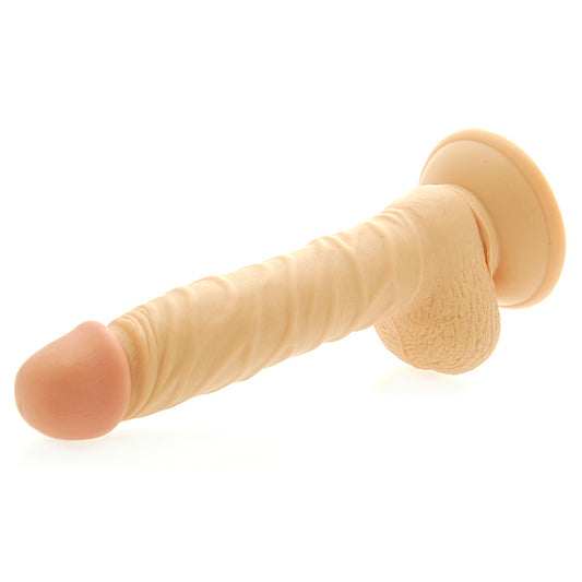 Realistic 8-inch dildo with a textured shaft and prominent scrotum, rendered in skin-tone material.