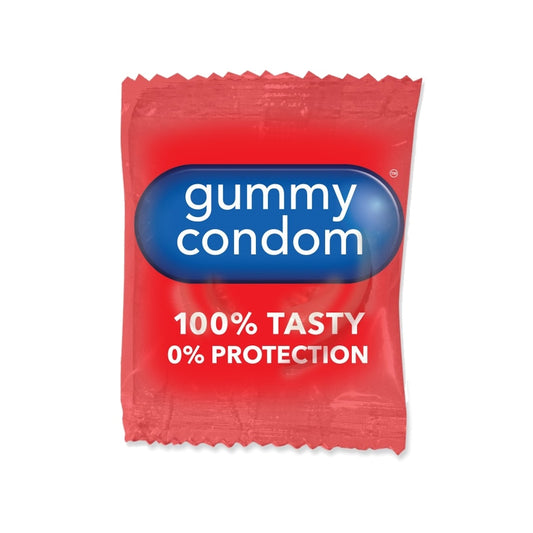 Ten gummy condoms from spencer and fleetwood, edible sweets in condom wrappers, novelty treat.